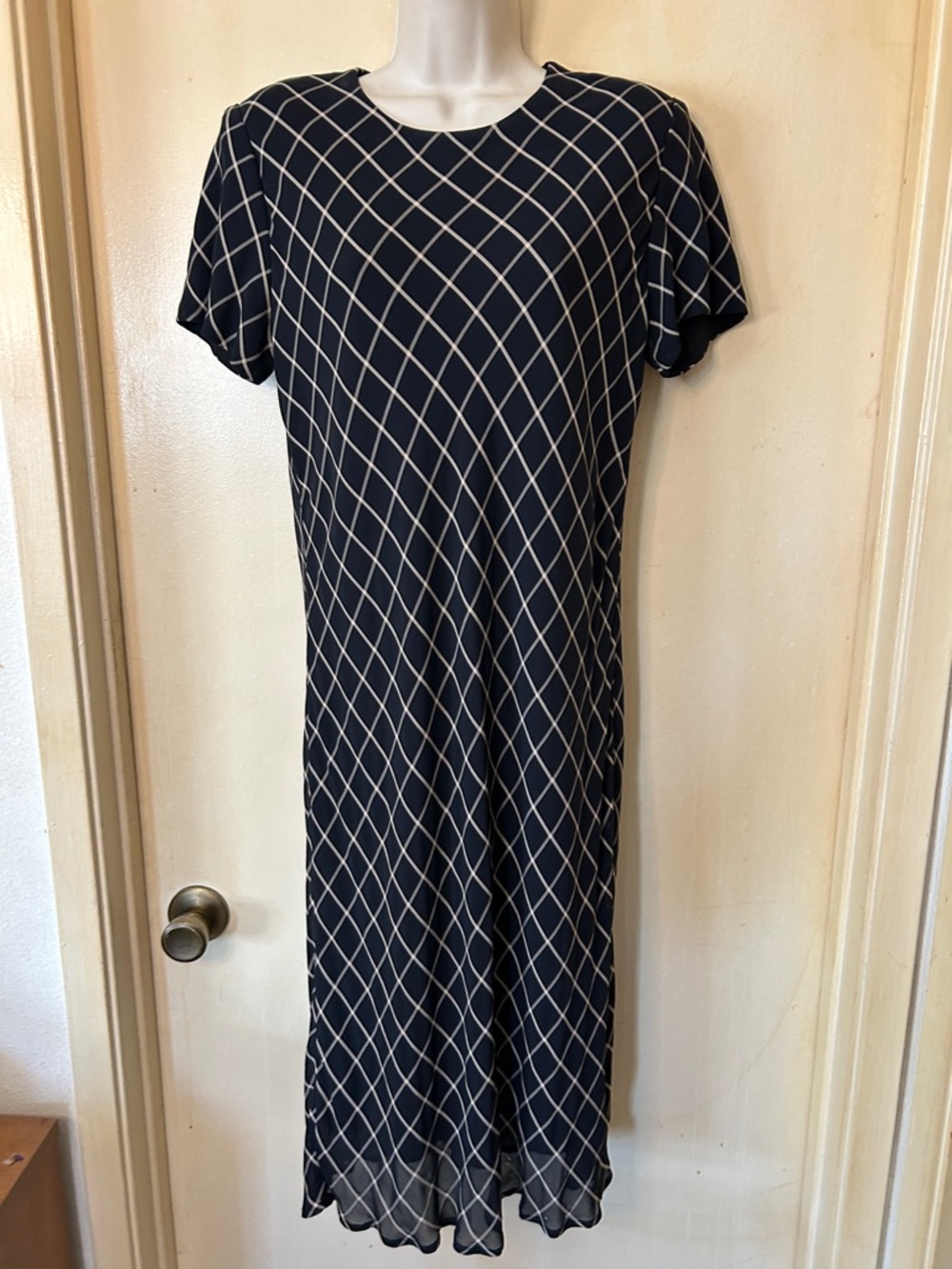 Talbots Vintage Black Midi Dress with Tan Geometric Design size 6